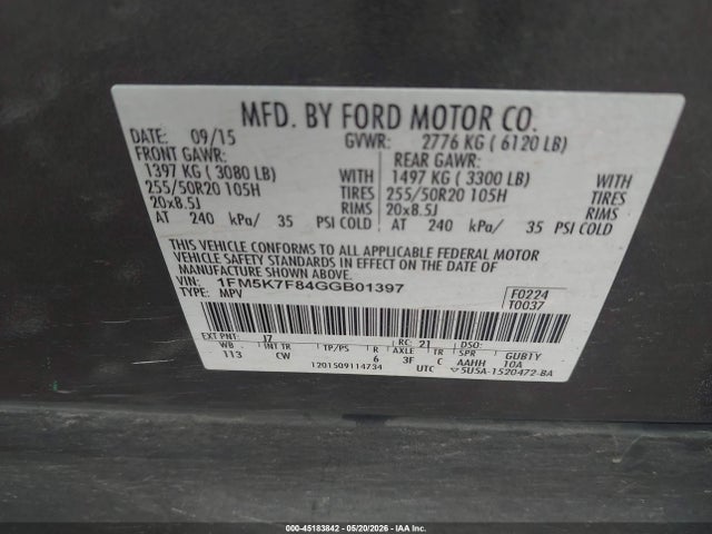 45183842 :رقم المزاد ، 1FM5K7F84GGB01397 vin ، 2016 Ford Explorer Limited مزاد بيع