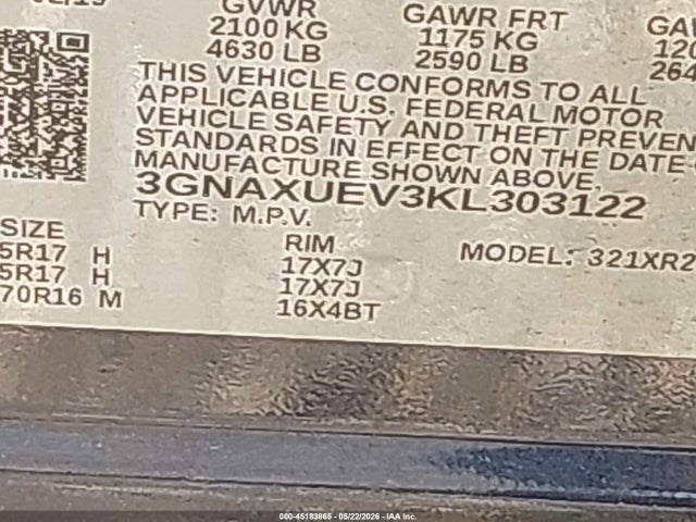 45183865 :رقم المزاد ، 3GNAXUEV3KL303122 vin ، 2019 Chevrolet Equinox Lt مزاد بيع
