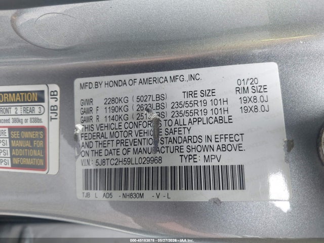 45183878 :رقم المزاد ، 5J8TC2H59LL029968 vin ، 2020 Acura Rdx Technology Package مزاد بيع