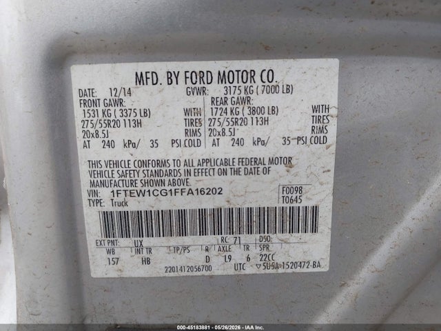 1FTEW1CG1FFA16202 Ford F-150 Lariat