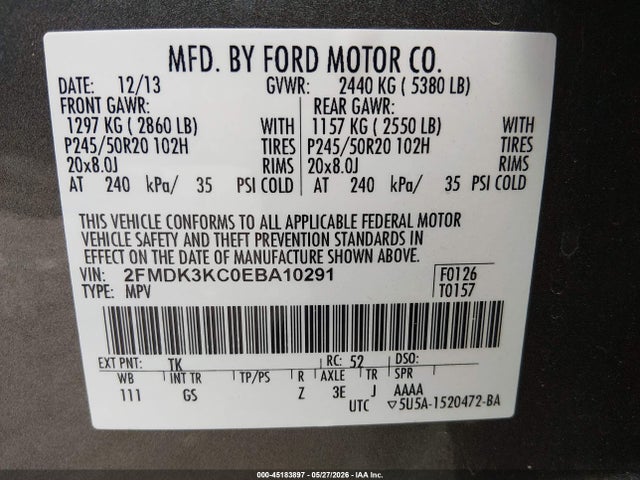 45183897 :رقم المزاد ، 2FMDK3KC0EBA10291 vin ، 2014 Ford Edge Limited مزاد بيع