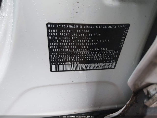 Продаж на аукціоні авто 2021 Volkswagen Tiguan 2.0t Se/2.0t Se R-line Black/2.0t Sel, vin: 3VV2B7AX9MM008030, номер лоту: 45183900