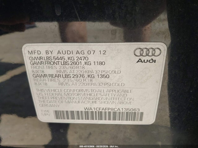 Aukcja sprzedaży 2012 Audi Q5 2.0t Premium, vin: WA1CFAFP8CA135063, numer aukcji: 45183906