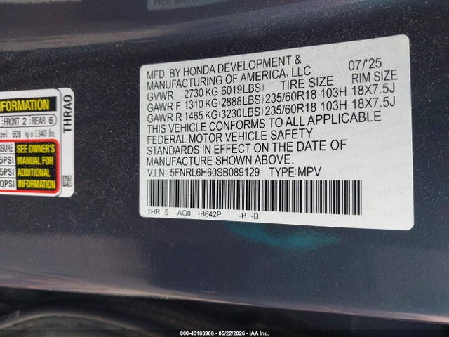 Aukcja sprzedaży 2025 Honda Odyssey Ex-l, vin: 5FNRL6H60SB089129, numer aukcji: 45183908