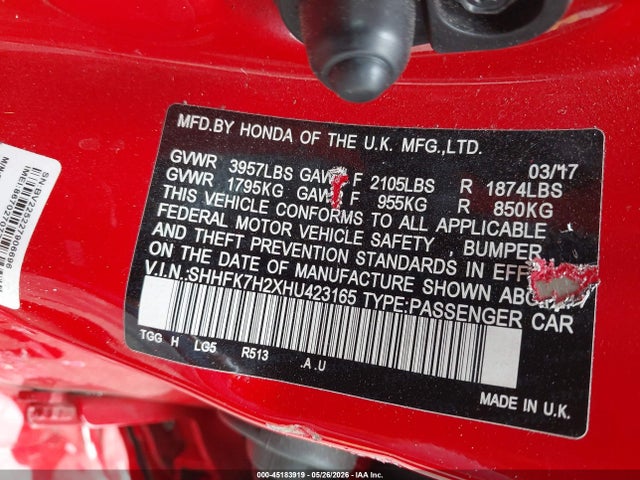 SHHFK7H2XHU423165 Honda Civic Lx
