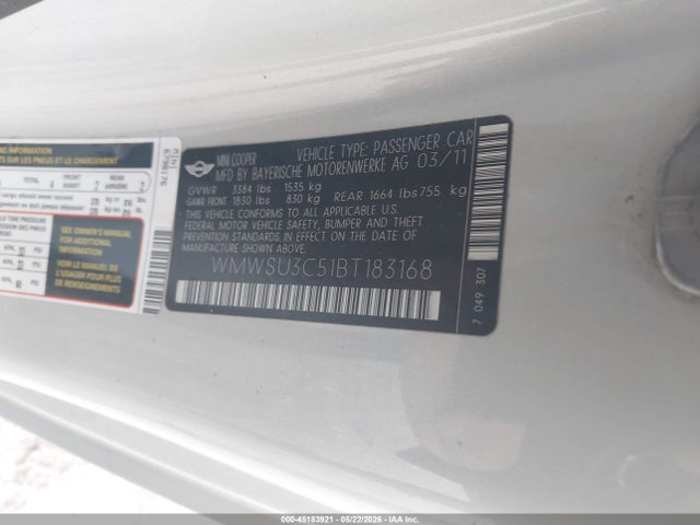 Aukcja sprzedaży 2011 Mini Cooper, vin: WMWSU3C51BT183168, numer aukcji: 45183921