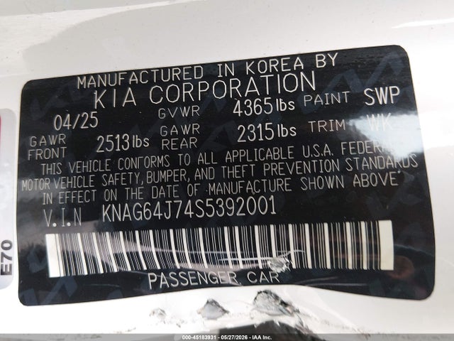 Aukcja sprzedaży 2025 Kia K5 Gt-line, vin: KNAG64J74S5392001, numer aukcji: 45183931