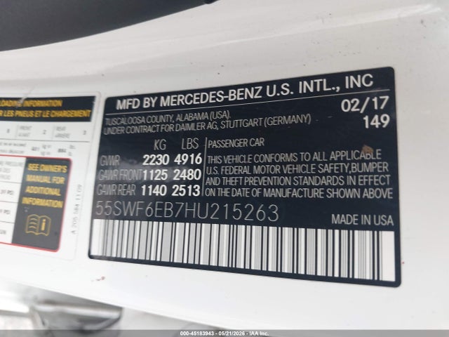 Продаж на аукціоні авто 2017 Mercedes-benz Amg C 43 4matic, vin: 55SWF6EB7HU215263, номер лоту: 45183943