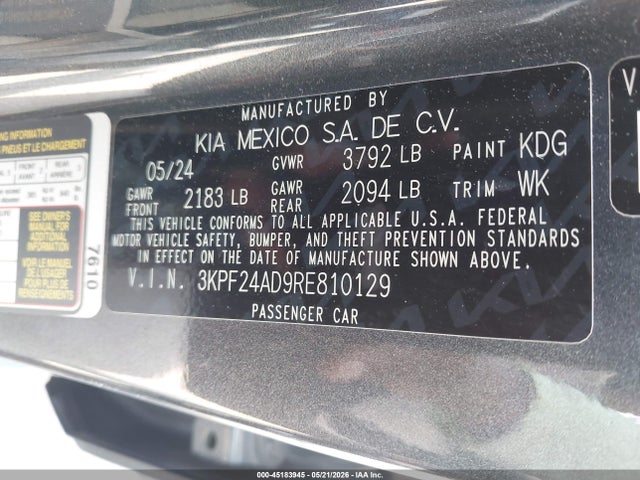 Aukcja sprzedaży 2024 Kia Forte Lxs, vin: 3KPF24AD9RE810129, numer aukcji: 45183945