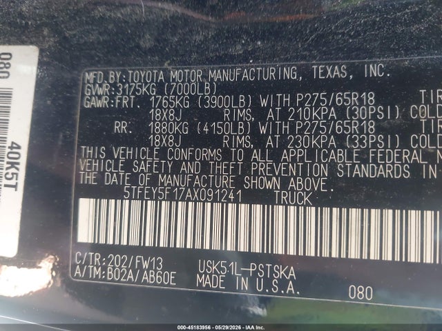 2010 Toyota Tundra Grade 5.7l V8 მანქანა იყიდება აუქციონზე, vin: 5TFEY5F17AX091241, აუქციონის ნომერი: 45183956