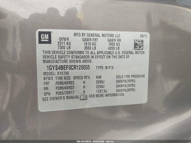 Aukcja sprzedaży 2012 Cadillac Escalade Luxury, vin: 1GYS4BEF0CR120655, numer aukcji: 45183970