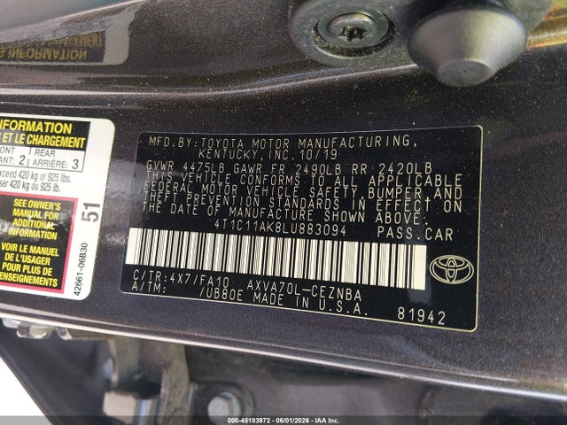 Aukcja sprzedaży 2020 Toyota Camry Le, vin: 4T1C11AK8LU883094, numer aukcji: 45183972