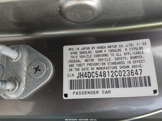 Aukcja sprzedaży 2002 Acura Rsx, vin: JH4DC54812C023647, numer aukcji: 45183978
