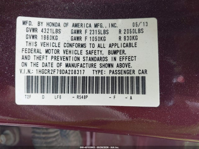 Aukcja sprzedaży 2013 Honda Accord Ex, vin: 1HGCR2F79DA208317, numer aukcji: 45183983