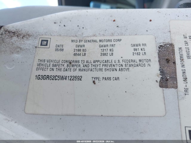1998 Oldsmobile Aurora მანქანა იყიდება აუქციონზე, vin: 1G3GR62C5W4122692, აუქციონის ნომერი: 45183989