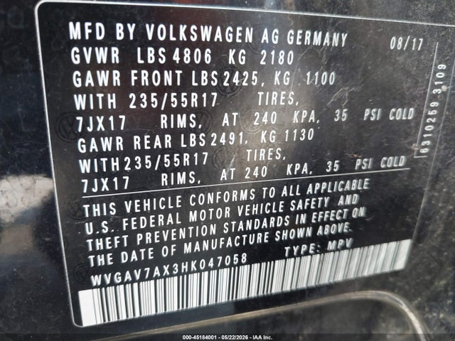 Auction sale of the 2017 Volkswagen Tiguan 2.0t/2.0t S, vin: WVGAV7AX3HK047058, lot number: 45184001