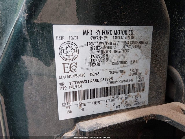 45184014 :رقم المزاد ، 1FTWW31R38EC57725 vin ، 2008 Ford F-350 Fx4/harley-davidson/king Ranch/lariat/xl/xlt مزاد بيع