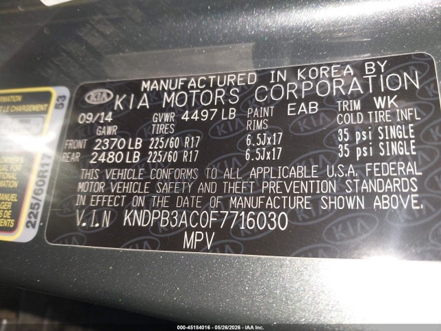 Aukcja sprzedaży 2015 Kia Sportage Lx, vin: KNDPB3AC0F7716030, numer aukcji: 45184016