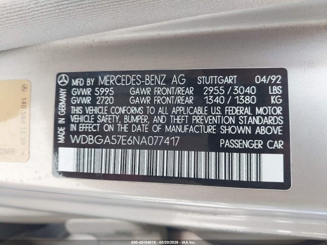 45184018 :رقم المزاد ، WDBGA57E6NA077417 vin ، 1992 Mercedes-benz 600 Sel مزاد بيع