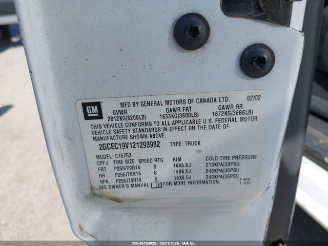 45184025 :رقم المزاد ، 2GCEC19V121293982 vin ، 2002 Chevrolet Silverado 1500 مزاد بيع
