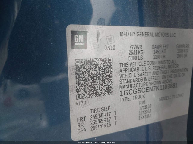 45184031 :رقم المزاد ، 1GCGSCEN7K1103881 vin ، 2019 Chevrolet Colorado Lt مزاد بيع