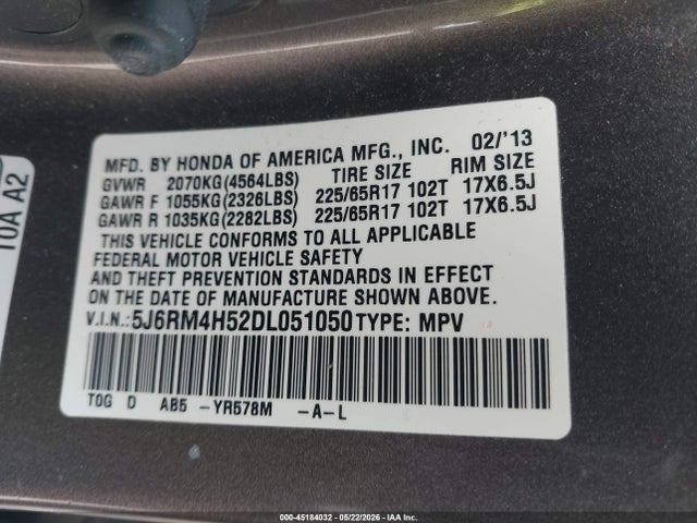 2013 Honda Cr-v Ex მანქანა იყიდება აუქციონზე, vin: 5J6RM4H52DL051050, აუქციონის ნომერი: 45184032