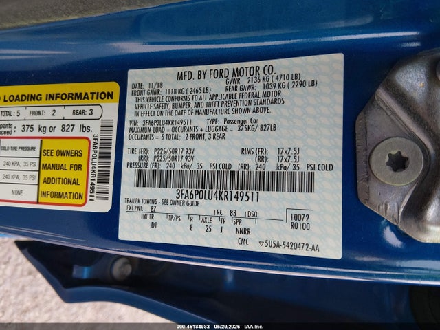 Продажа на аукционе авто 2019 Ford Fusion Hybrid Se, vin: 3FA6P0LU4KR149511, номер лота: 45184033