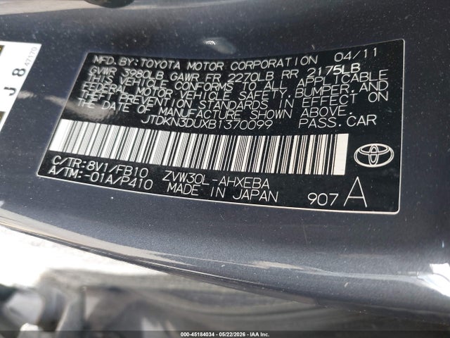 45184034 :رقم المزاد ، JTDKN3DUXB1370099 vin ، 2011 Toyota Prius Two مزاد بيع