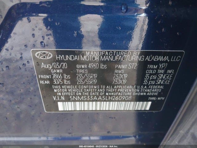 45184045 :رقم المزاد ، 5NMS33AA5LH260908 vin ، 2020 Hyundai Santa Fe Sel 2.0t مزاد بيع