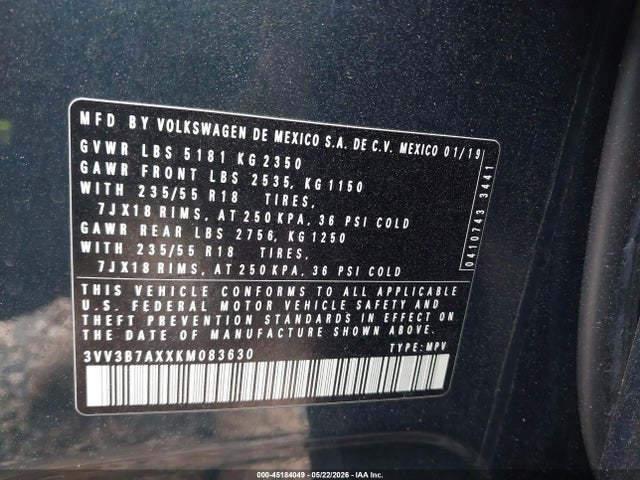45184049 :رقم المزاد ، 3VV3B7AXXKM083630 vin ، 2019 Volkswagen Tiguan 2.0t Se/2.0t Sel/2.0t Sel R-line/2.0t Sel R-line Black مزاد بيع