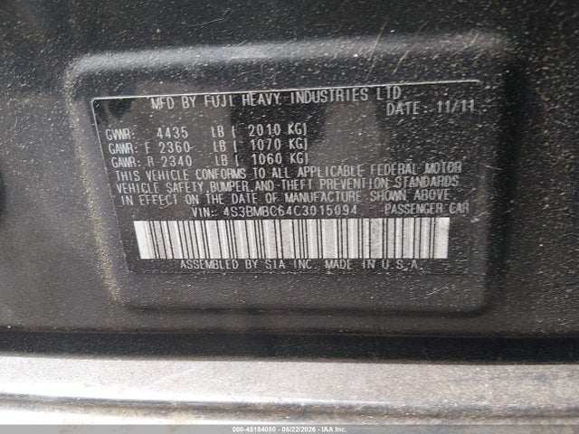 45184050 :رقم المزاد ، 4S3BMBC64C3015094 vin ، 2012 Subaru Legacy 2.5i Premium مزاد بيع