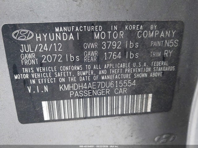 Продажа на аукционе авто 2013 Hyundai Elantra Limited, vin: KMHDH4AE7DU615554, номер лота: 45184051