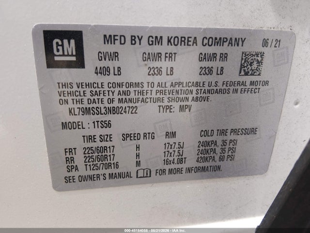 Auction sale of the 2022 Chevrolet Trailblazer Awd Activ, vin: KL79MSSL3NB024722, lot number: 45184058