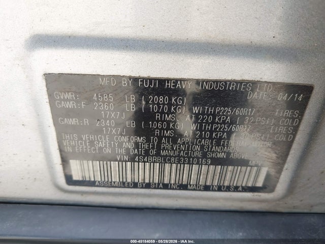 Продаж на аукціоні авто 2014 Subaru Outback 2.5i Limited, vin: 4S4BRBLC8E3310169, номер лоту: 45184059