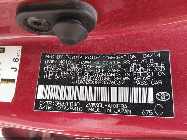 45184076 :رقم المزاد ، JTDKN3DU8E0376039 vin ، 2014 Toyota Prius Three مزاد بيع