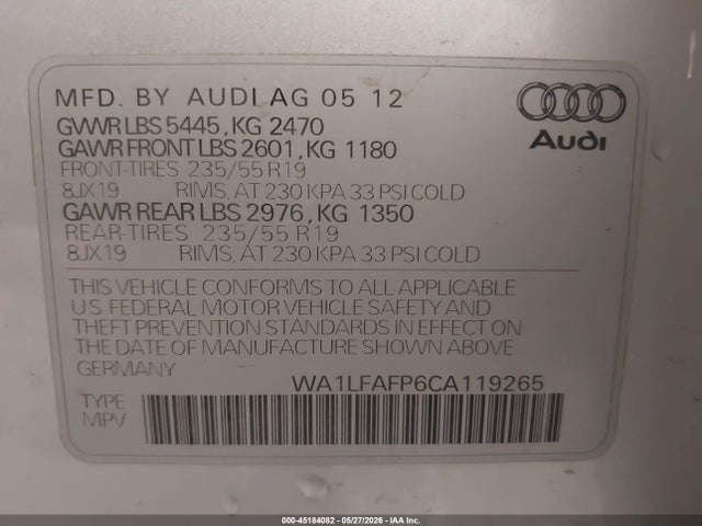 Продаж на аукціоні авто 2012 Audi Q5 2.0t Premium, vin: WA1LFAFP6CA119265, номер лоту: 45184082