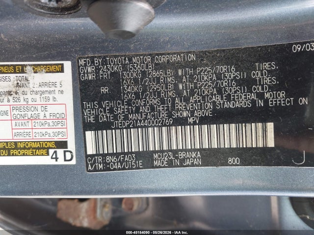 45184090 :رقم المزاد ، JTEDP21A440002769 vin ، 2004 Toyota Highlander V6 مزاد بيع