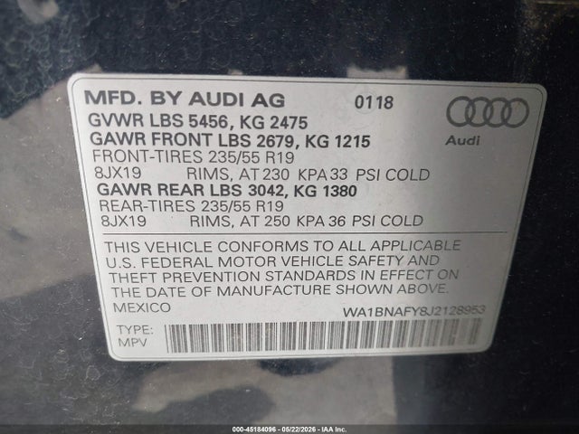 Aukcja sprzedaży 2018 Audi Q5 2.0t Premium/2.0t Tech Premium, vin: WA1BNAFY8J2128953, numer aukcji: 45184096