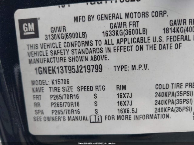 Продаж на аукціоні авто 2005 Chevrolet Tahoe Ls, vin: 1GNEK13T95J219799, номер лоту: 45184098