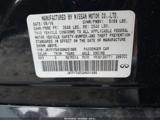 Aukcja sprzedaży 2016 Infiniti Q50 3.0t Red Sport 400, vin: JN1FV7AR3GM451995, numer aukcji: 45184102