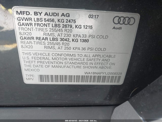 Aukcja sprzedaży 2018 Audi Q5 2.0t Premium/2.0t Tech Premium, vin: WA1BNAFY1J2008329, numer aukcji: 45184103