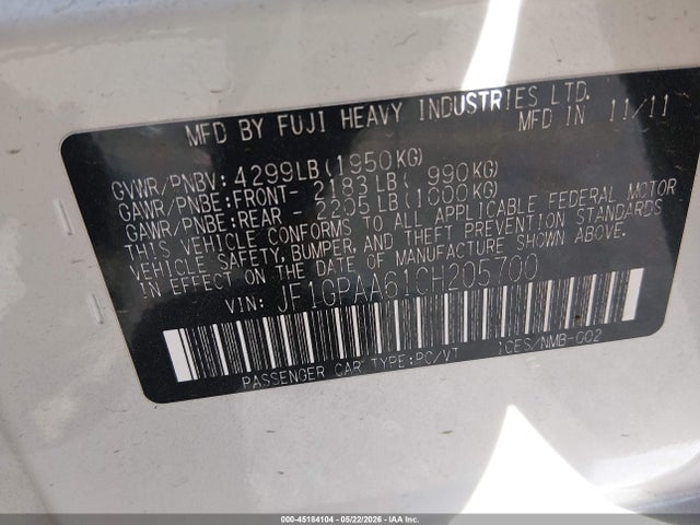Продаж на аукціоні авто 2012 Subaru Impreza 2.0i, vin: JF1GPAA61CH205700, номер лоту: 45184104