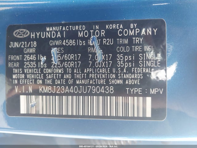 Aukcja sprzedaży 2018 Hyundai Tucson Se, vin: KM8J23A40JU790438, numer aukcji: 45184121
