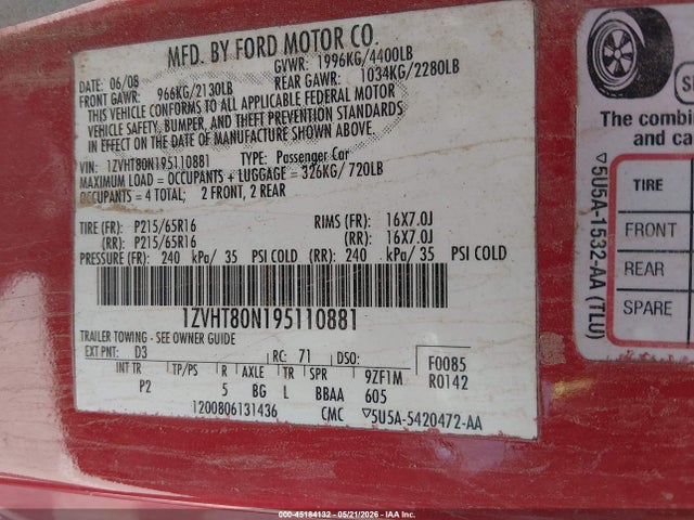 45184132 :رقم المزاد ، 1ZVHT80N195110881 vin ، 2009 Ford Mustang V6/v6 Premium مزاد بيع