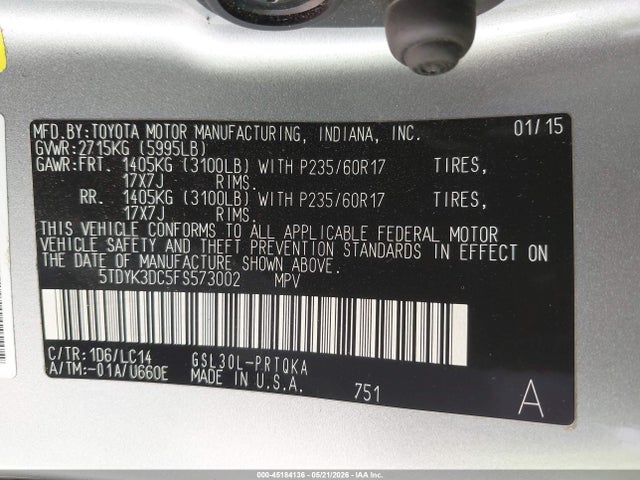 Продажа на аукционе авто 2015 Toyota Sienna Xle 8 Passenger, vin: 5TDYK3DC5FS573002, номер лота: 45184136