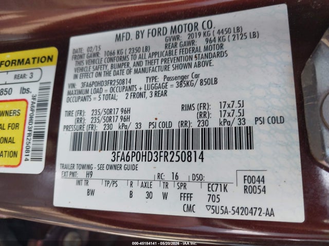 Aukcja sprzedaży 2015 Ford Fusion Se, vin: 3FA6P0HD3FR250814, numer aukcji: 45184141