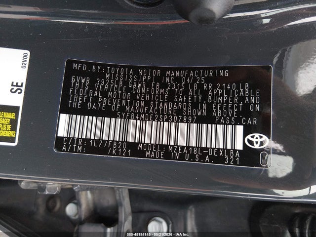 Продажа на аукционе авто 2025 Toyota Corolla Le, vin: 5YFB4MDE2SP307897, номер лота: 45184145