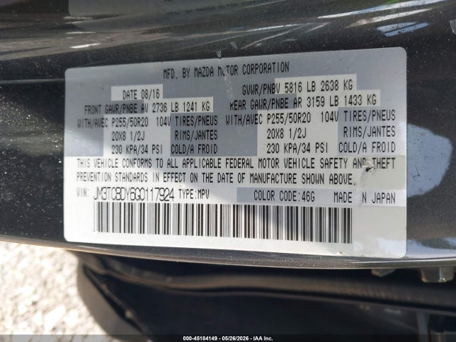 45184149 :رقم المزاد ، JM3TCBDY6G0117924 vin ، 2016 Mazda Cx-9 Grand Touring مزاد بيع