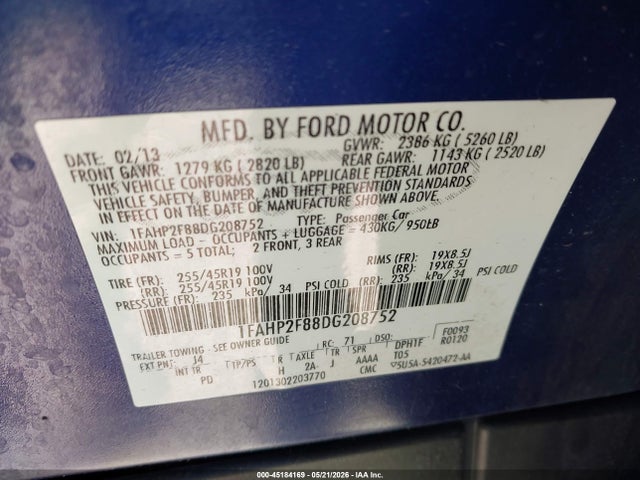Aukcja sprzedaży 2013 Ford Taurus Limited, vin: 1FAHP2F88D6208752, numer aukcji: 45184169