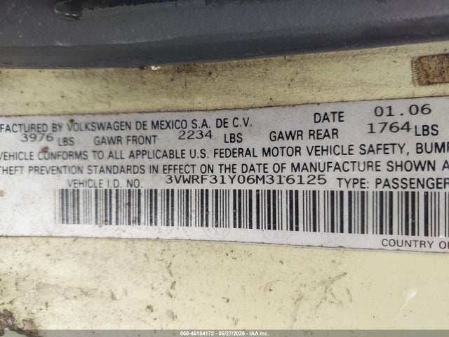 45184172 :رقم المزاد ، 3VWRF31Y06M316125 vin ، 2006 Volkswagen New Beetle 2.5 مزاد بيع